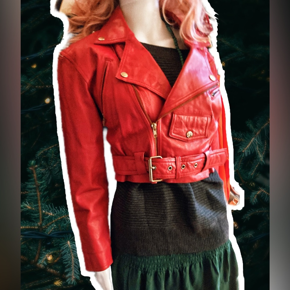Vintage WILSON’S Women’s Cropped Motorcycle Biker Leather Jacket Cherry Red XS